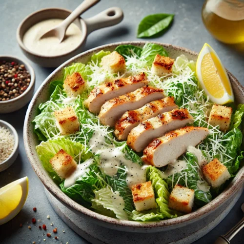 DALL·E 2024-09-25 03.40.26 - A gluten-free Caesar salad featuring crisp romaine lettuce, gluten-free croutons, creamy Caesar dressing, and grilled chicken pieces, all topped with