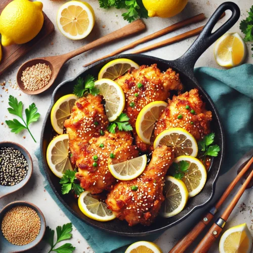 DALL·E 2024-09-27 23.43.17 - A delicious plate of crispy lemon chicken arranged in a cast iron skillet, garnished with fresh lemon slices and sprinkled with sesame seeds. The dish