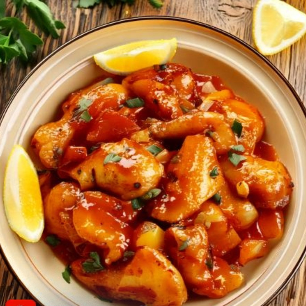 A healthy Chinese lemon chicken dish served on a plate with lemon slices as garnish, part of a healthier Chinese lemon chicken recipe.