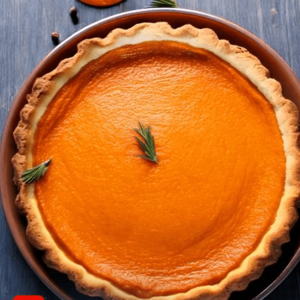 Freshly baked pumpkin pie with a golden crust, perfect for fall and holiday gatherings.