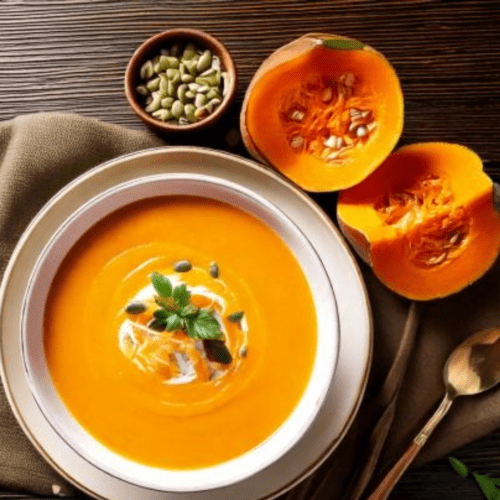 Comforting creamy butternut squash soup served in a bowl, perfect for fall, made with roasted butternut squash, fresh herbs, and ginger