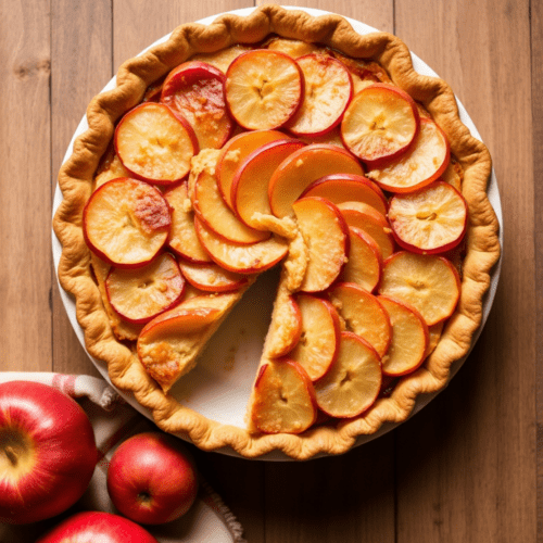 Golden-brown apple pie, flaky crust, apple slices, homemade dessert, fresh baked pie.