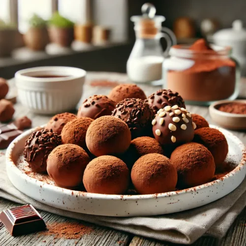 DALL·E-2024-09-17-03.14.45-A-plate-of-homemade-chocolate-truffles-perfectly-round-and-coated-in-cocoa-powder-placed-on-a-white-dish.-Some-truffles-are-also-coated-in-finely-ch