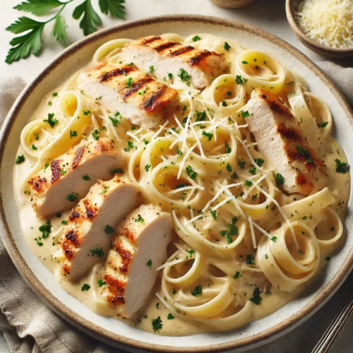 DALL·E-2024-09-18-19.08.20-A-delicious-plate-of-Chicken-Alfredo-pasta-featuring-creamy-fettuccine-pasta-mixed-with-a-rich-Alfredo-sauce.-Sliced-grilled-chicken-breast-is-layere