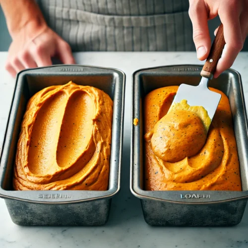 Pouring and Baking pumpkin bread